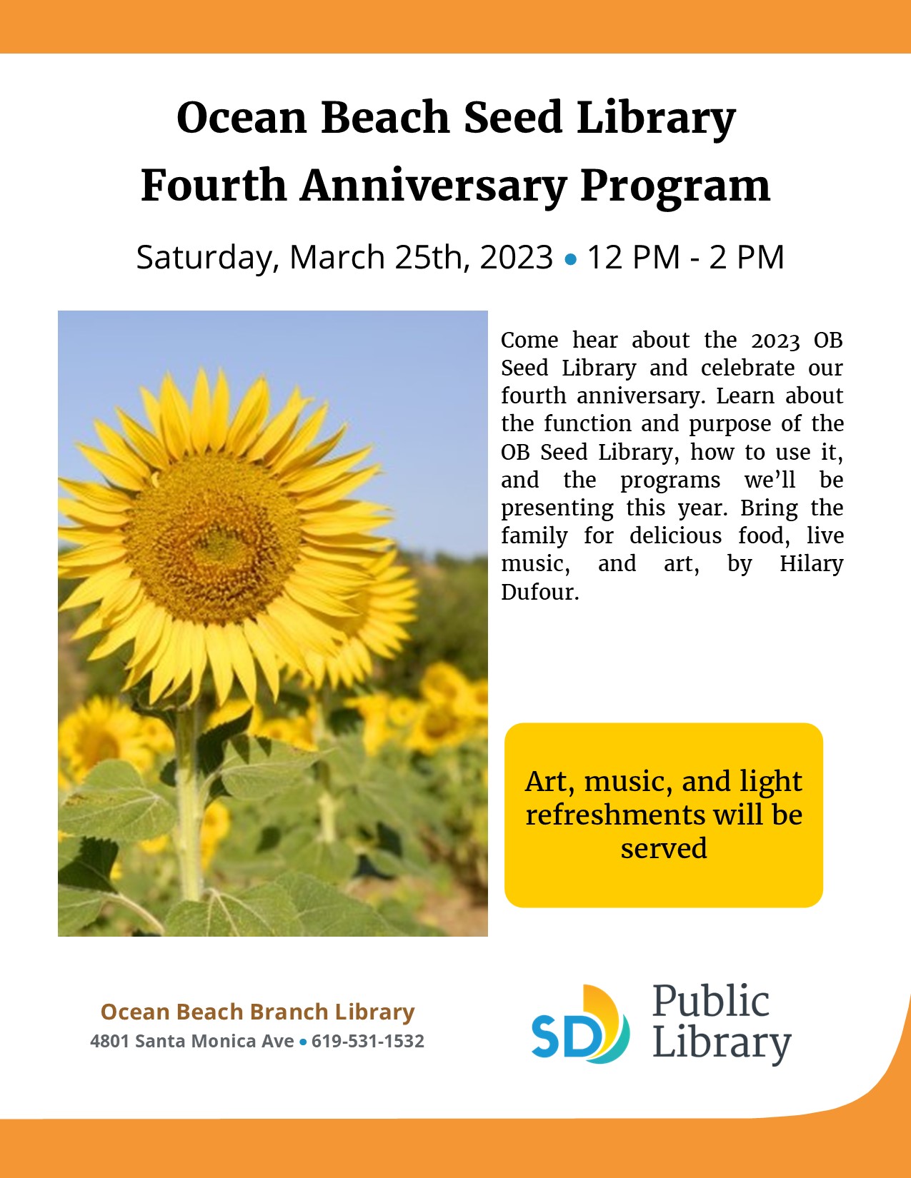 Picture of a field of bright yellow sunflowers with text about the seed library event.