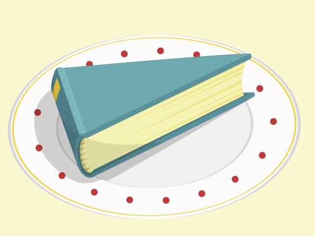 Illustration of a triangular book/slice of pie on a white plate with red polka dots around the edge