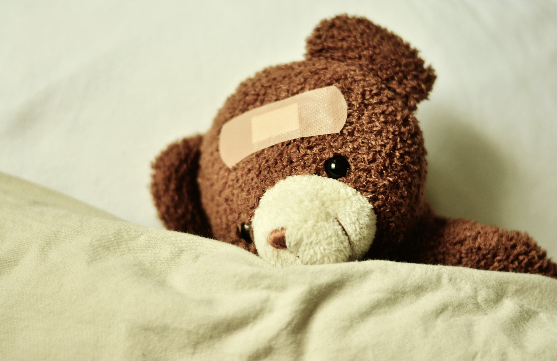 Cute teddy bear in bed with band-aid on forehead