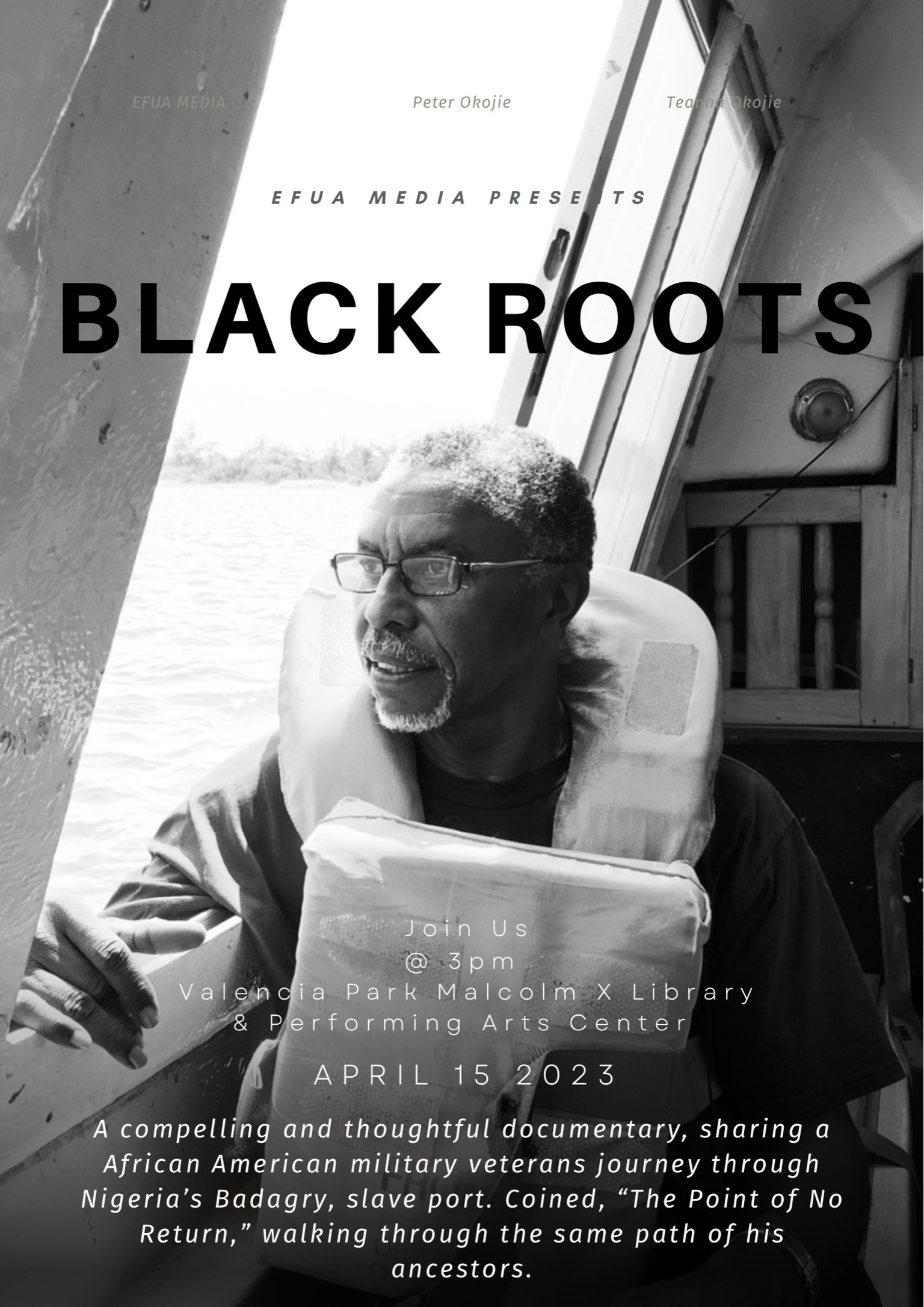 Black Roots text with image of an African American male veteran seated at the window of a ferry boat