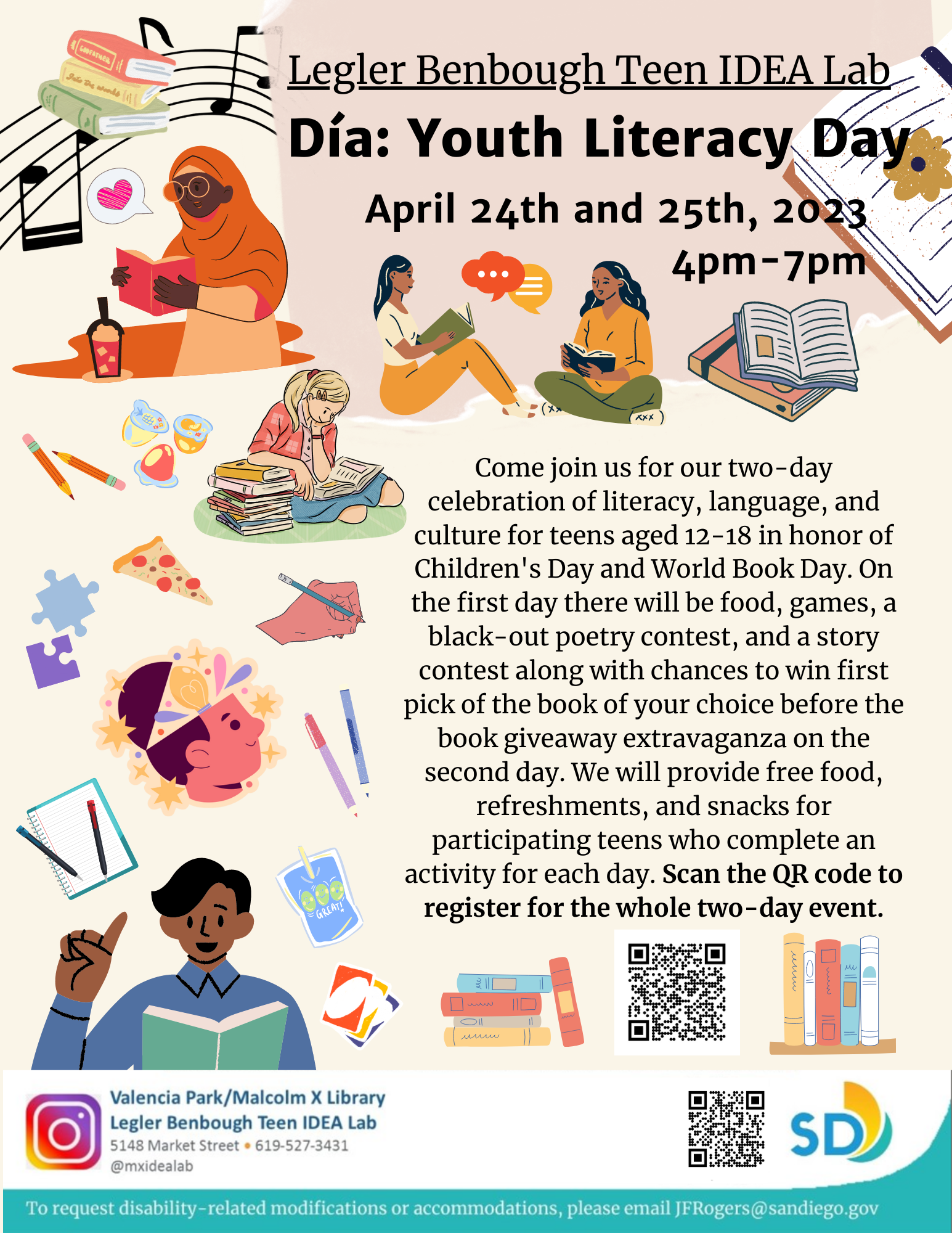 DIA Youth Literacy Day 1 flyer listing activities for the program.