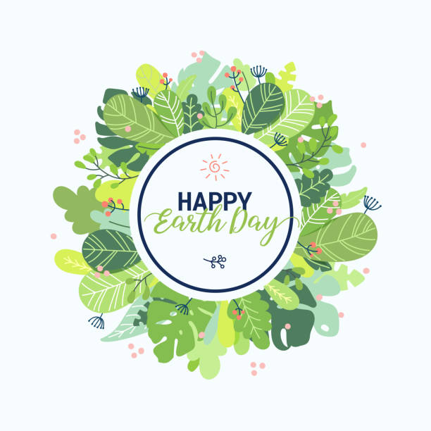 Green leaves surround a Circle with Green letters spelling out Happy Earth Day