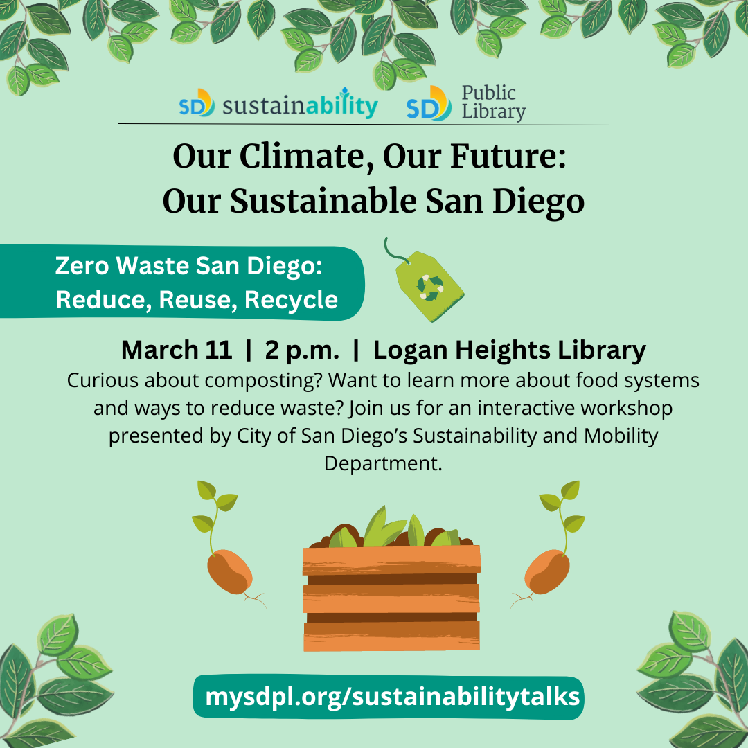 "Our Climate, Our Future, Our Sustainable San Diego" graphic with green leaves, seeds, and composting box. 