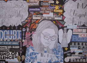 Image of a collage of words and drawings by artists from Write Out Loud. 