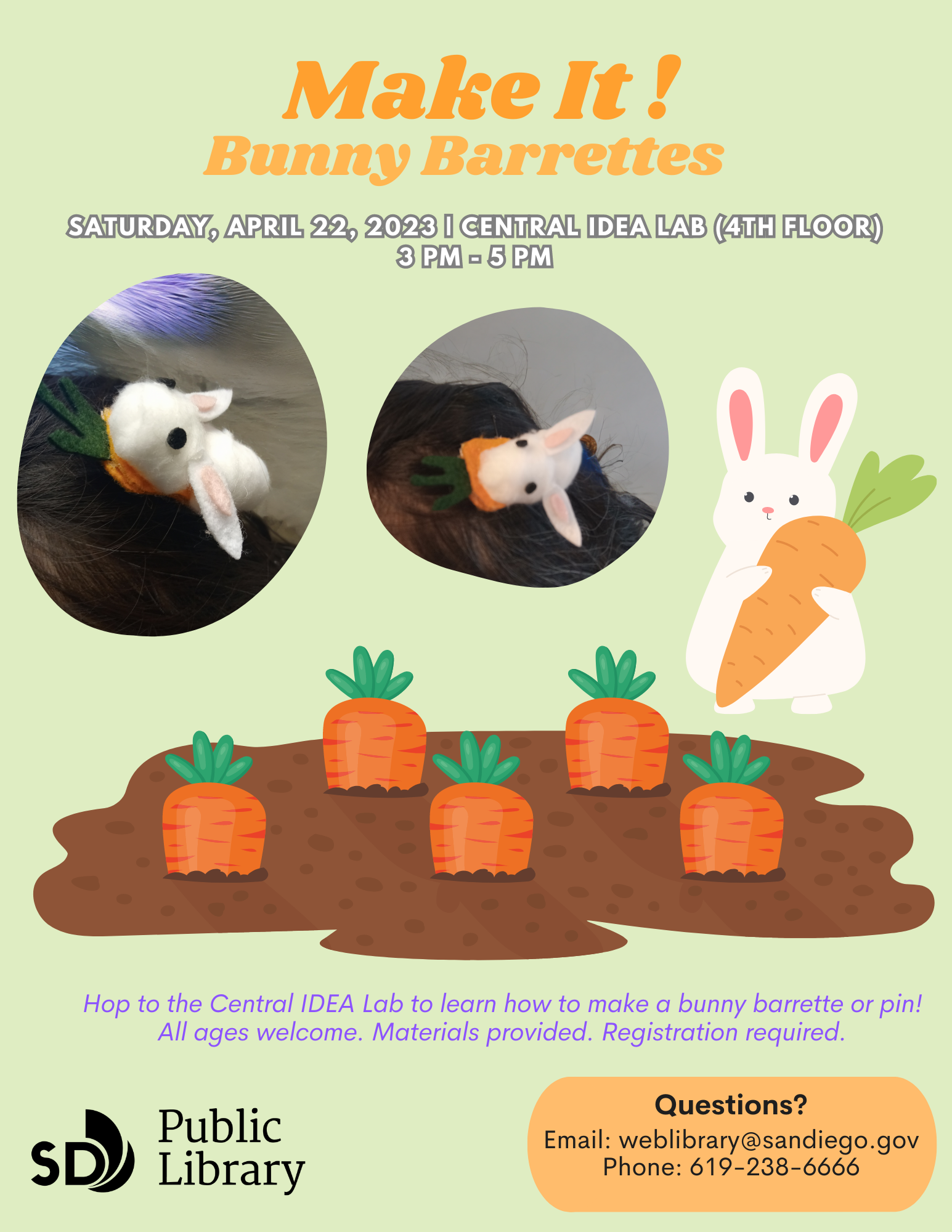Cartoon bunny looking at close-up of pom-pom bunnies on felt carrots.