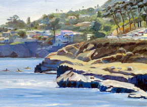 Close-up of a painting of a rocky coastline by artists from the SD Plein Air Painters Meetup Group. 