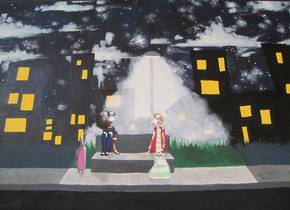 Painting of two people on a bench under a streetlight by student artists from Write Out Loud.