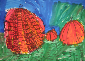 Image of a drawing of three pumpkins by a first-grade student artist. 
