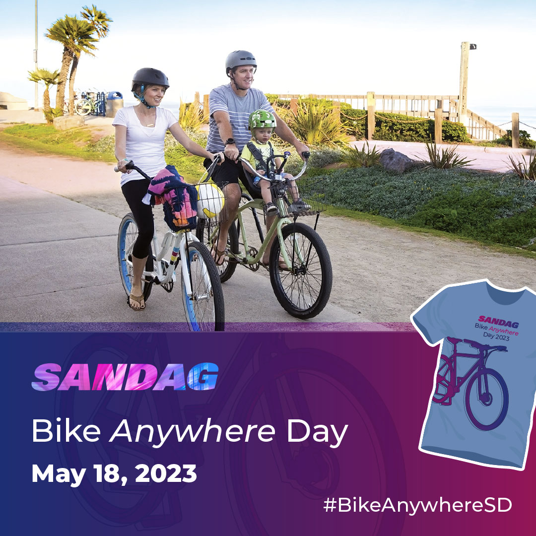 Photo of a family biking near the beach, with text about Bike Anywhere Day