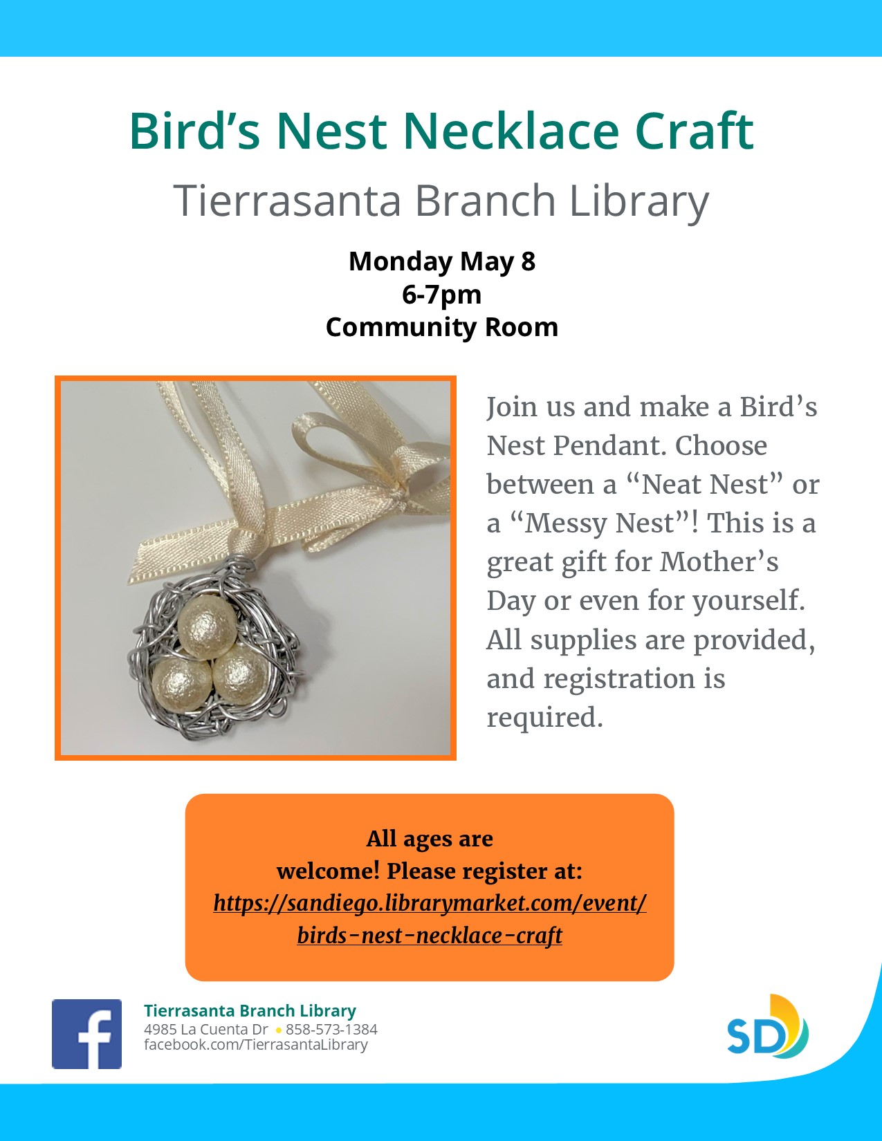 Flyer with image of a necklace with a bird's nest pendant