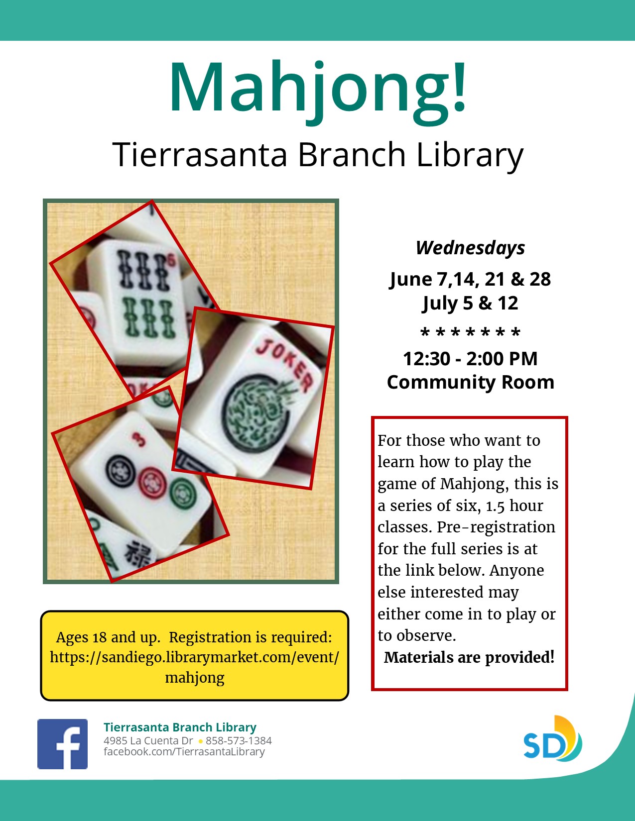 Flyer with the image of three mahjong tiles