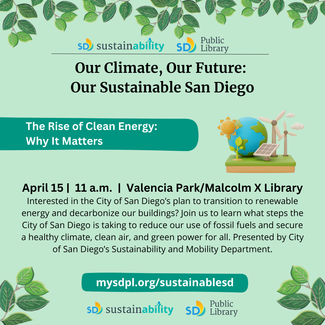 Decorative program graphic with event details and clean energy graphic. 