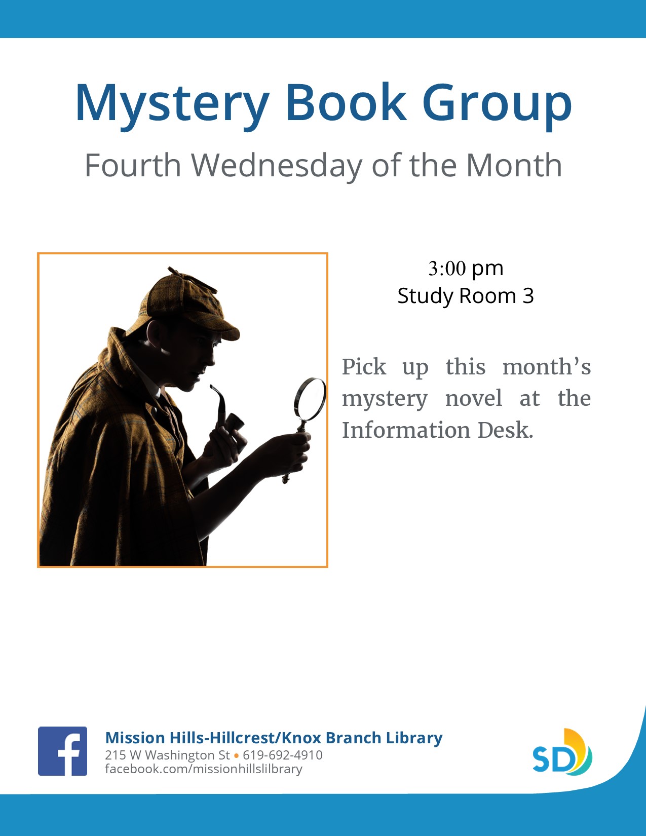 Book club flyer with Sherlock Holmes image