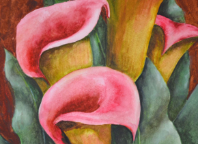 Close-up of a painting pink calla lilies by artists from the Associated Fine Artists group. 