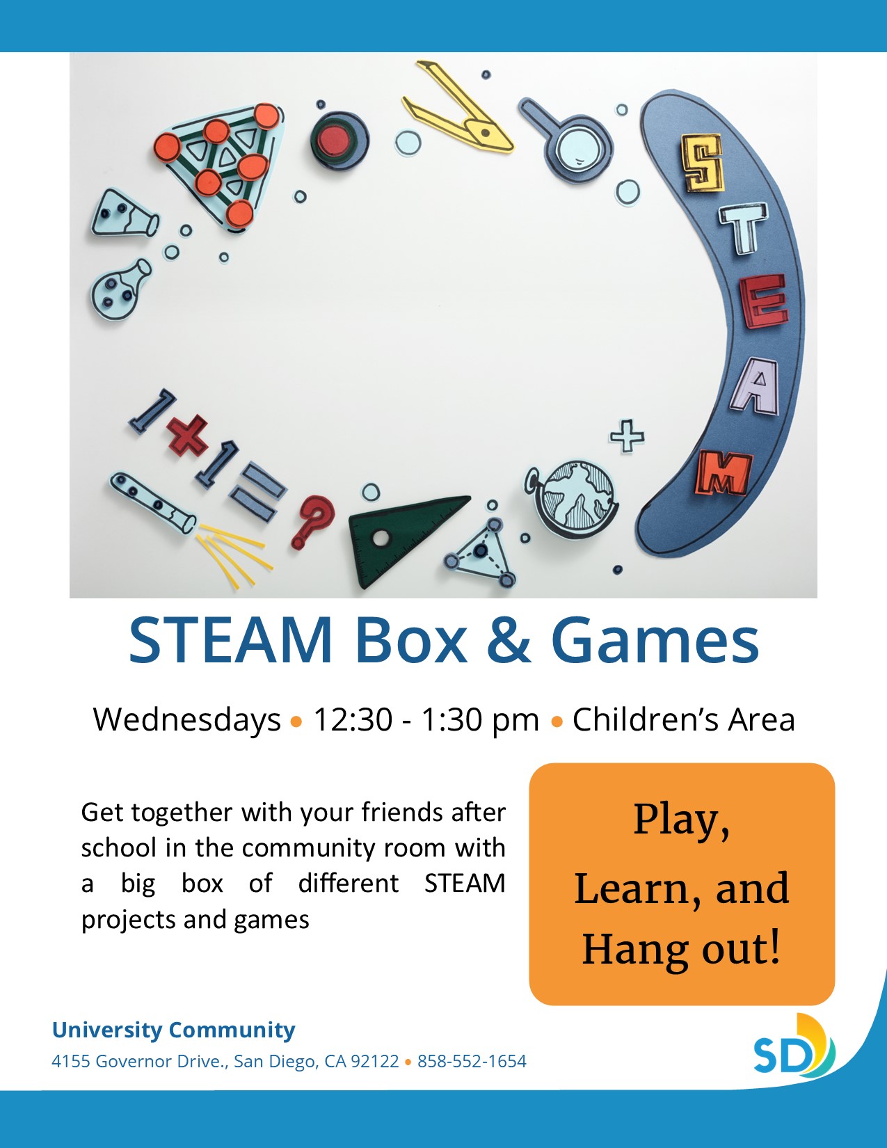 Flyer for the "Steam Box and Games" weekly program at the University Community Library
