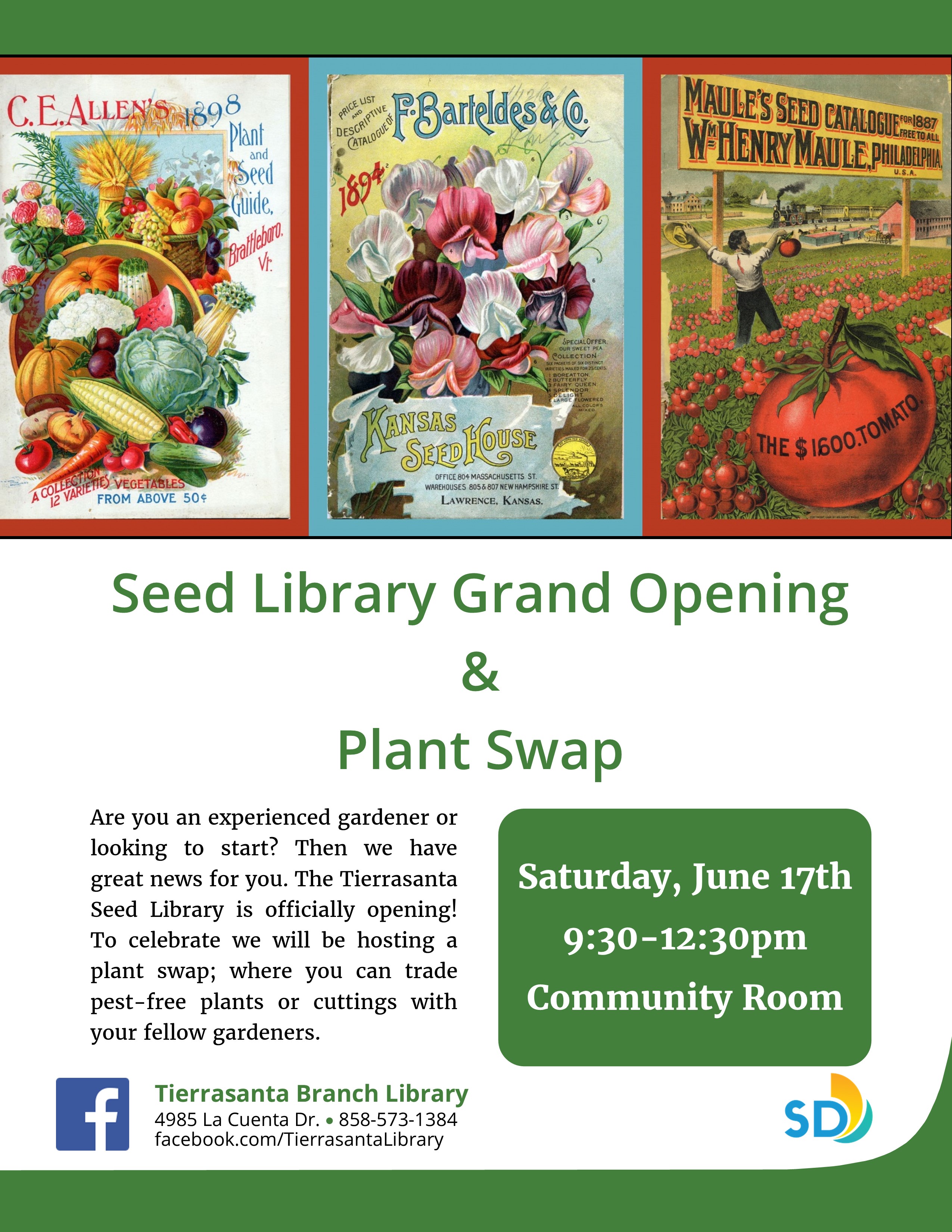 Flyer with images of colorfully illustrated seed packets