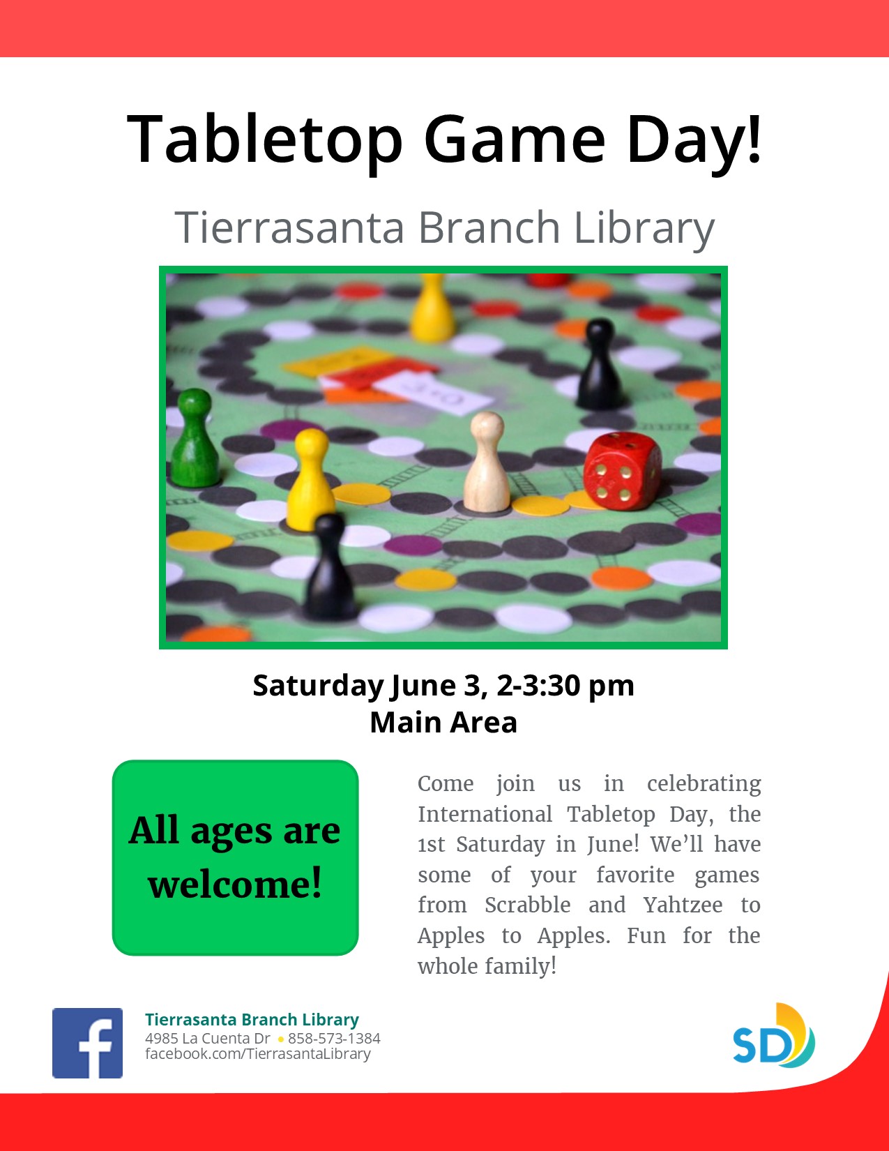 Flyer with the image of a colorful board game with pieces