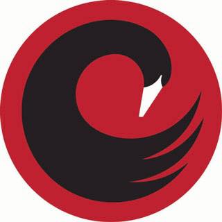 Logo for Cygnet Theatre; dark red circle with a stylized black swan inside of it