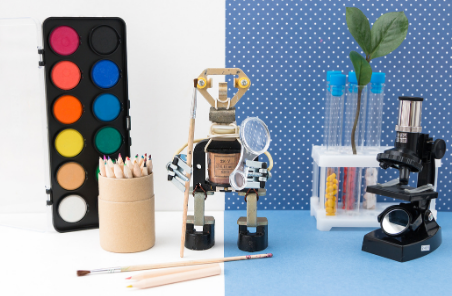 paint pallete, robot, beaker and microscope