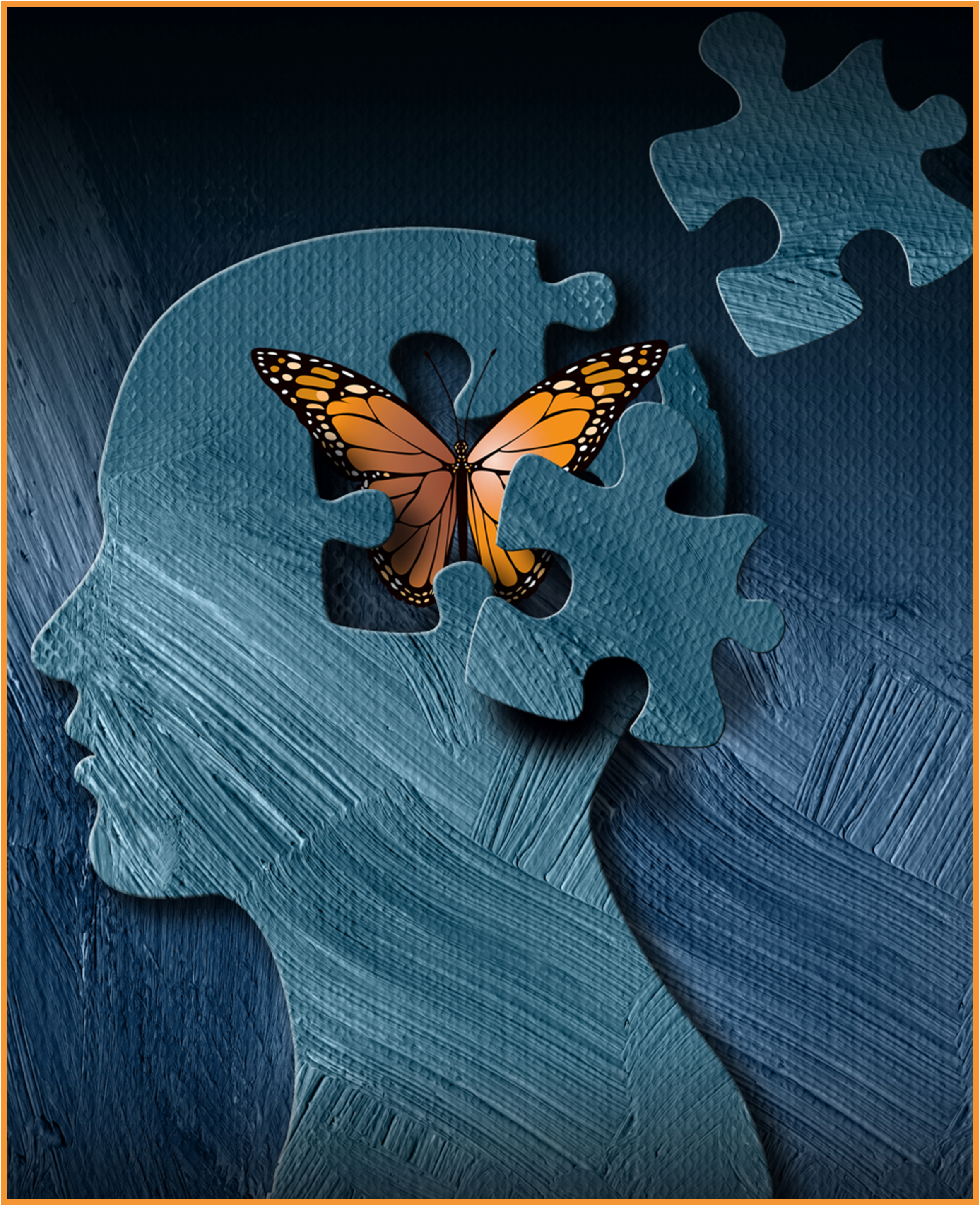 Image of person's head with a butterfly and puzzle pieces