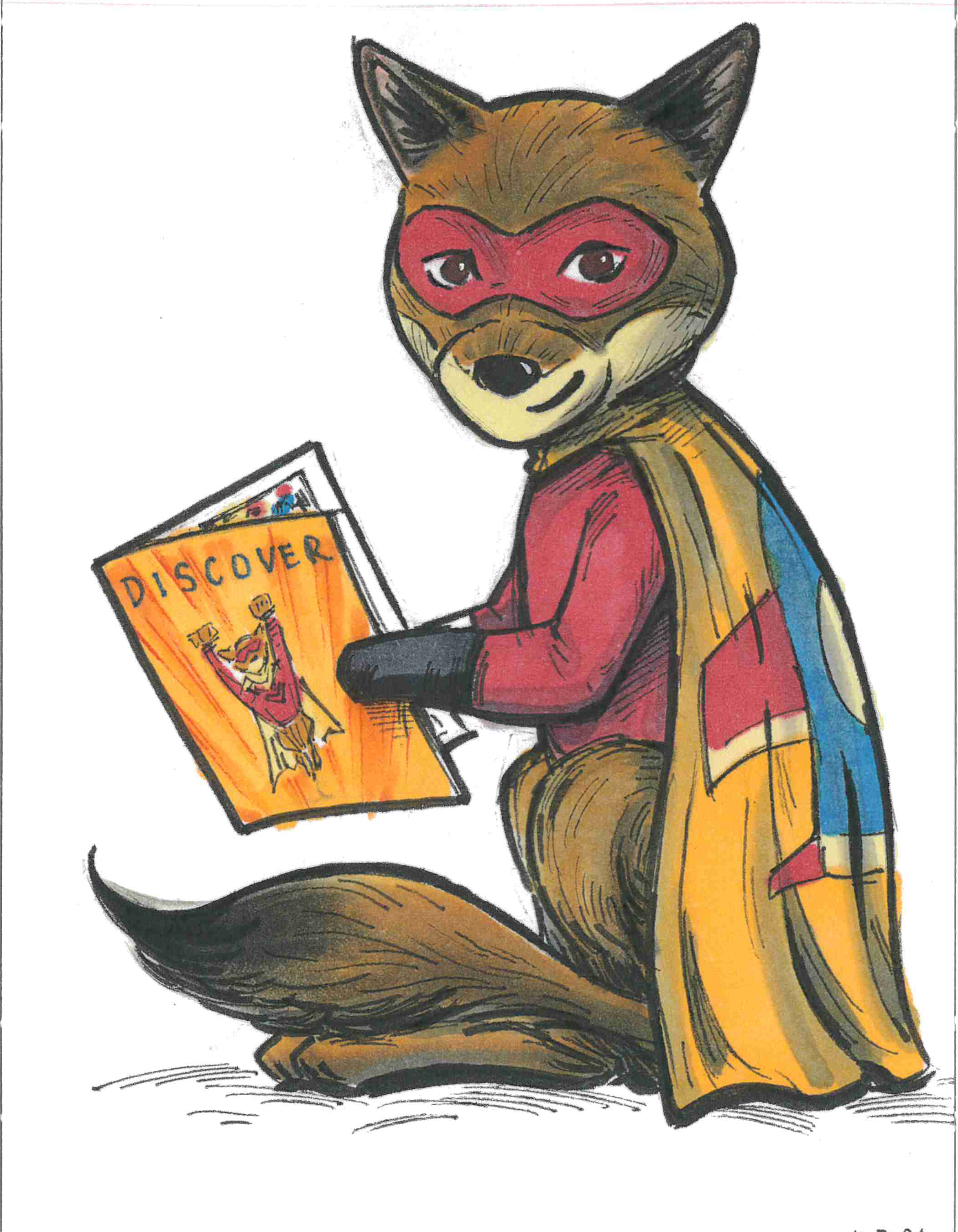 Brown Odi the Coyote, with red mask and yellow cape, reading a comic book.