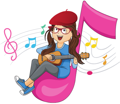 Cartoon illustration of a woman with glasses, hat, and guitar sitting on a music note