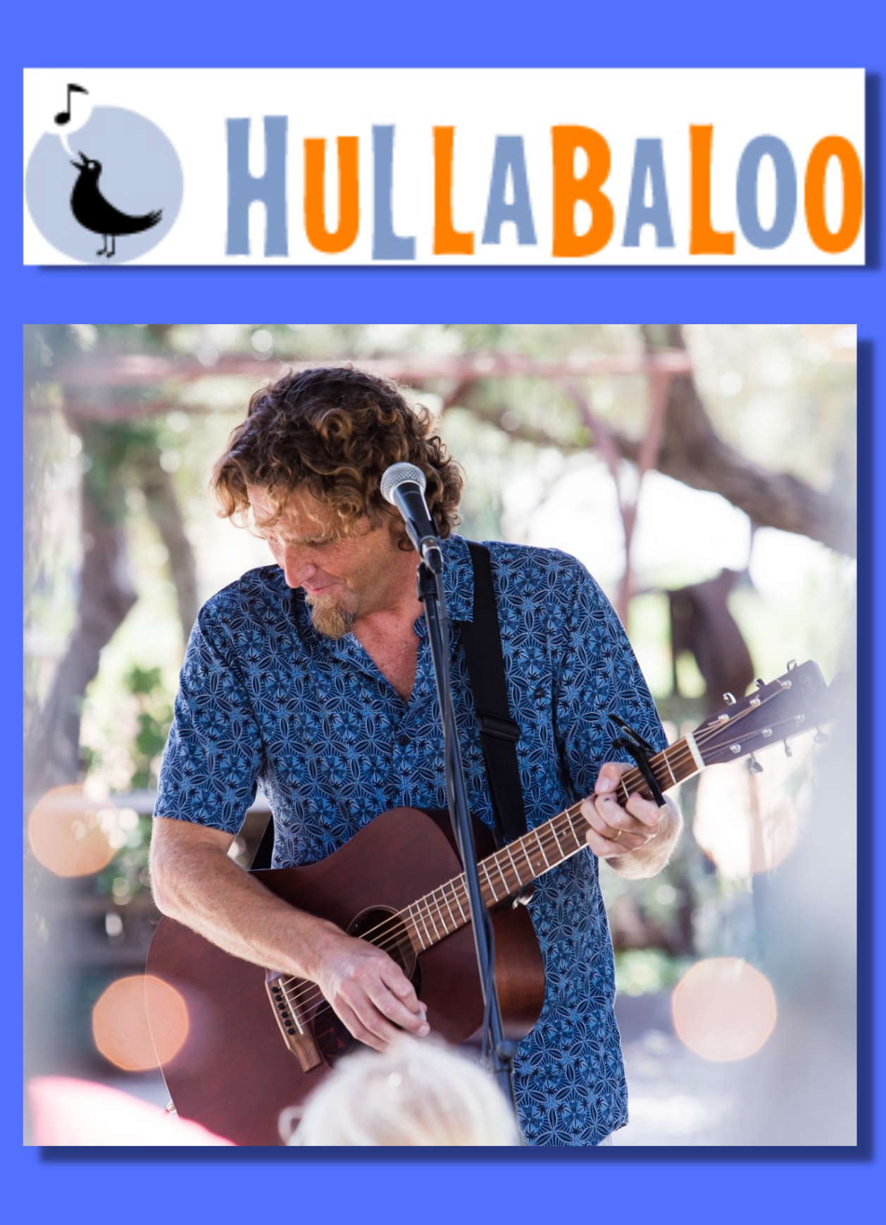 Hullabaloo logo and a man holding an acoustic guitar