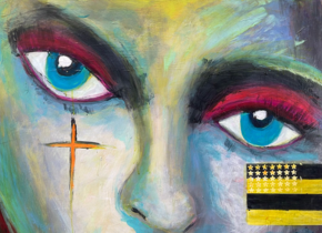 Close up of a painting of a woman’s face with a cross and flag on her cheeks by artist Trevor Watson.