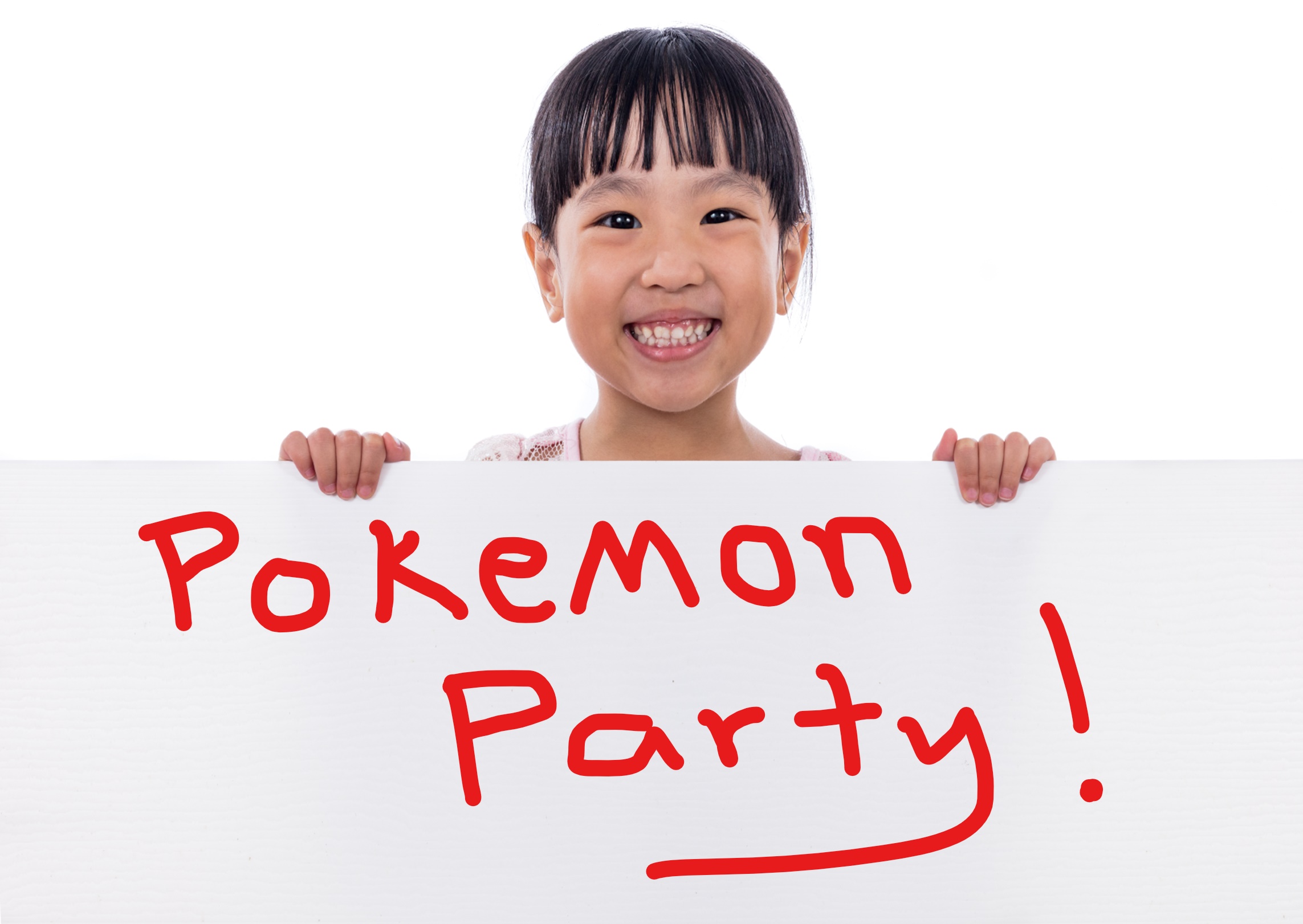 Child holding sign that says Pokemon Party! in red text