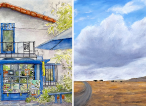 Image of a landscape oil painting and a pen and ink drawing of a building by artists Cindy Ponath and Michele Kruck.
