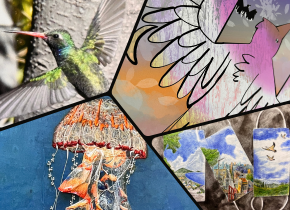 Collage of four artworks created by youths focusing on the theme of the environment.