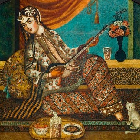Painting of Persian Woman Musician Holding a Sitar