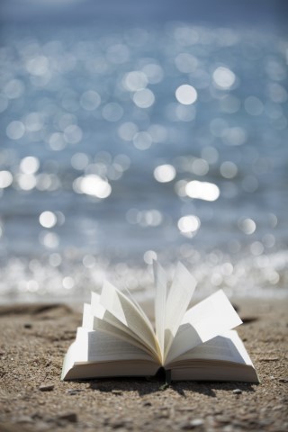 Photo of an open book sitting on the sand at the beach