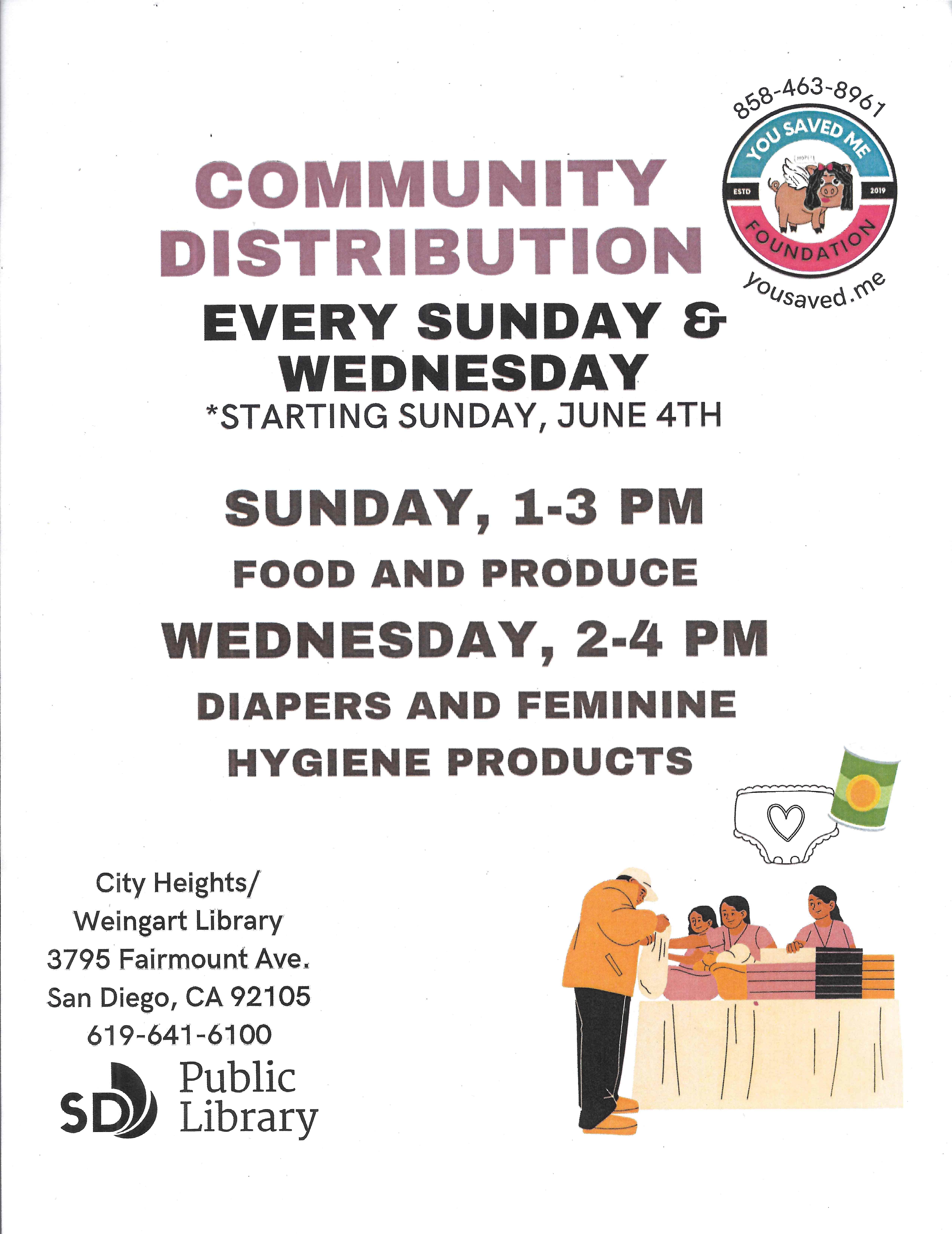 Sunday, 1pm-3pm: Food and Produce     ;     Wednesday, 2pm-4pm: Diapers and Feminine Hygiene Products
