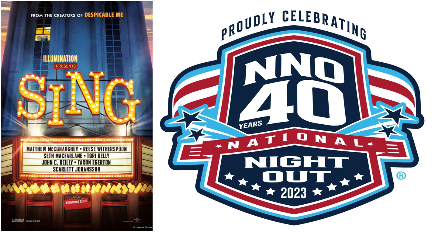 movie poster for Sing and National Night Out Logo
