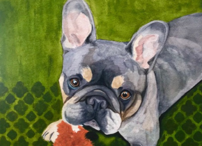 Painting of a dog with a toy by an artist from the Associated Fine Artists. 