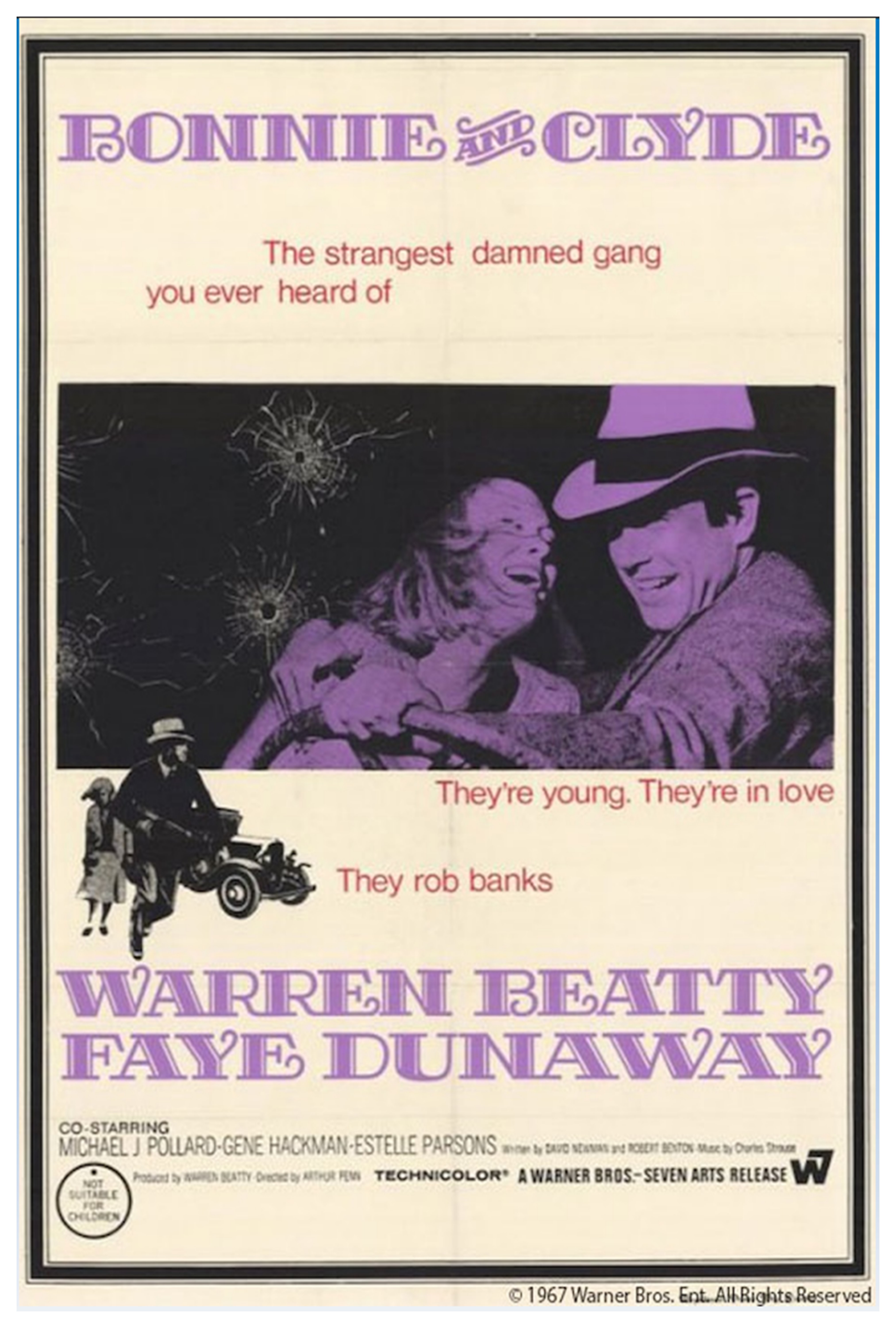 Film poster for Bonnie and Clyde with purple letters on a cream background showing a purple-colorized photo of the two main characters laughing.