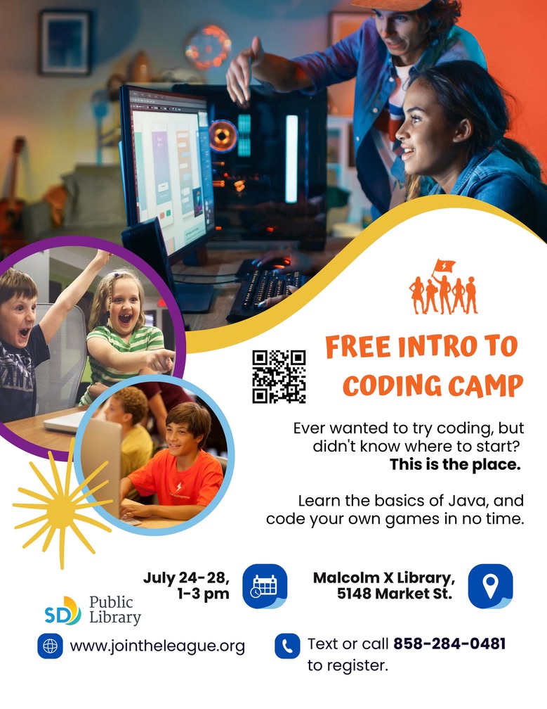 English flyer for free Intro to Coding Camp, with images of children interacting with technology. Title text is orange, and icons are blue.
