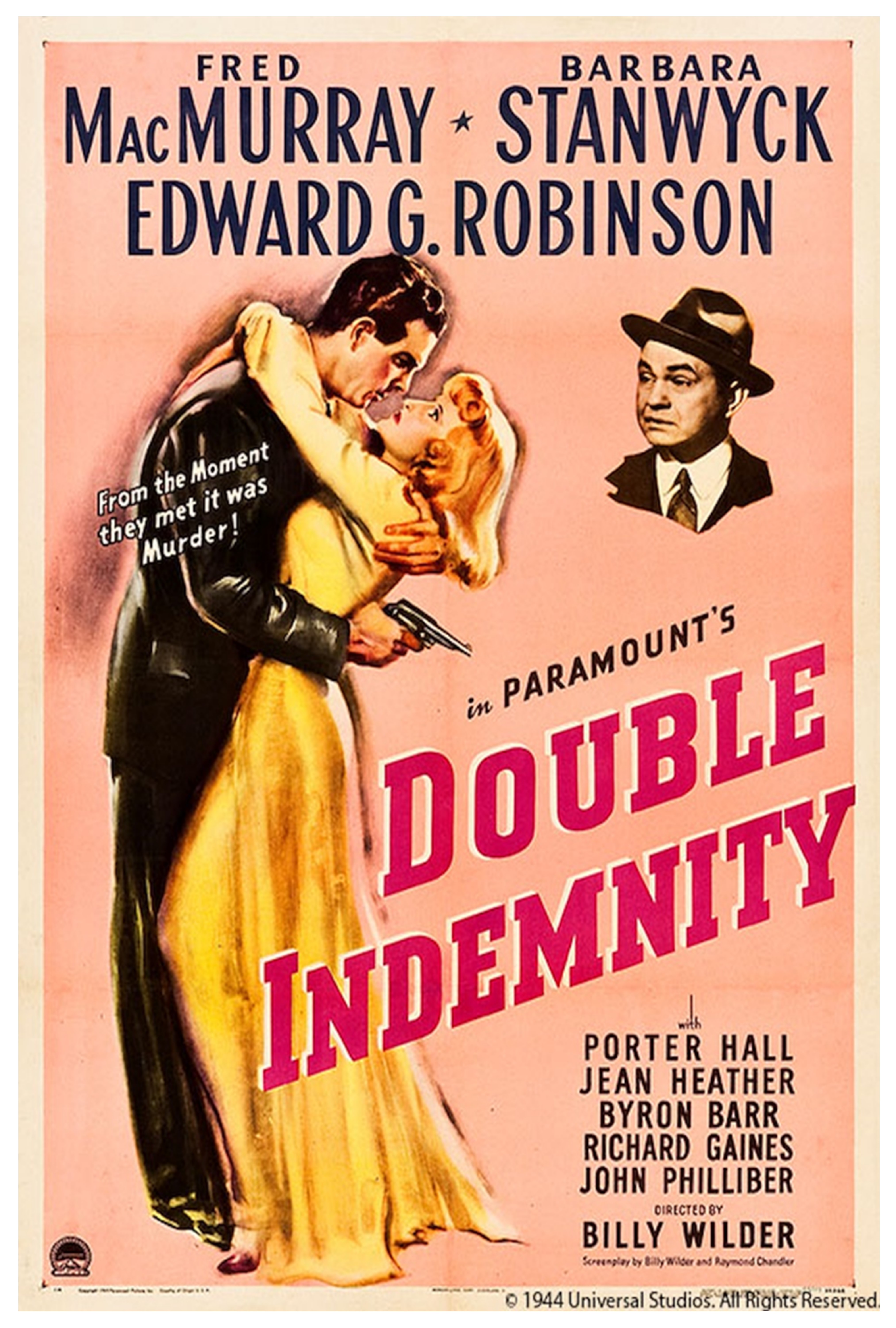 Red letters on peach background showing a man and woman embracing with a detective looking on.