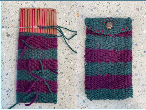 Photos of a pouch woven from yarn on a cardboard loom