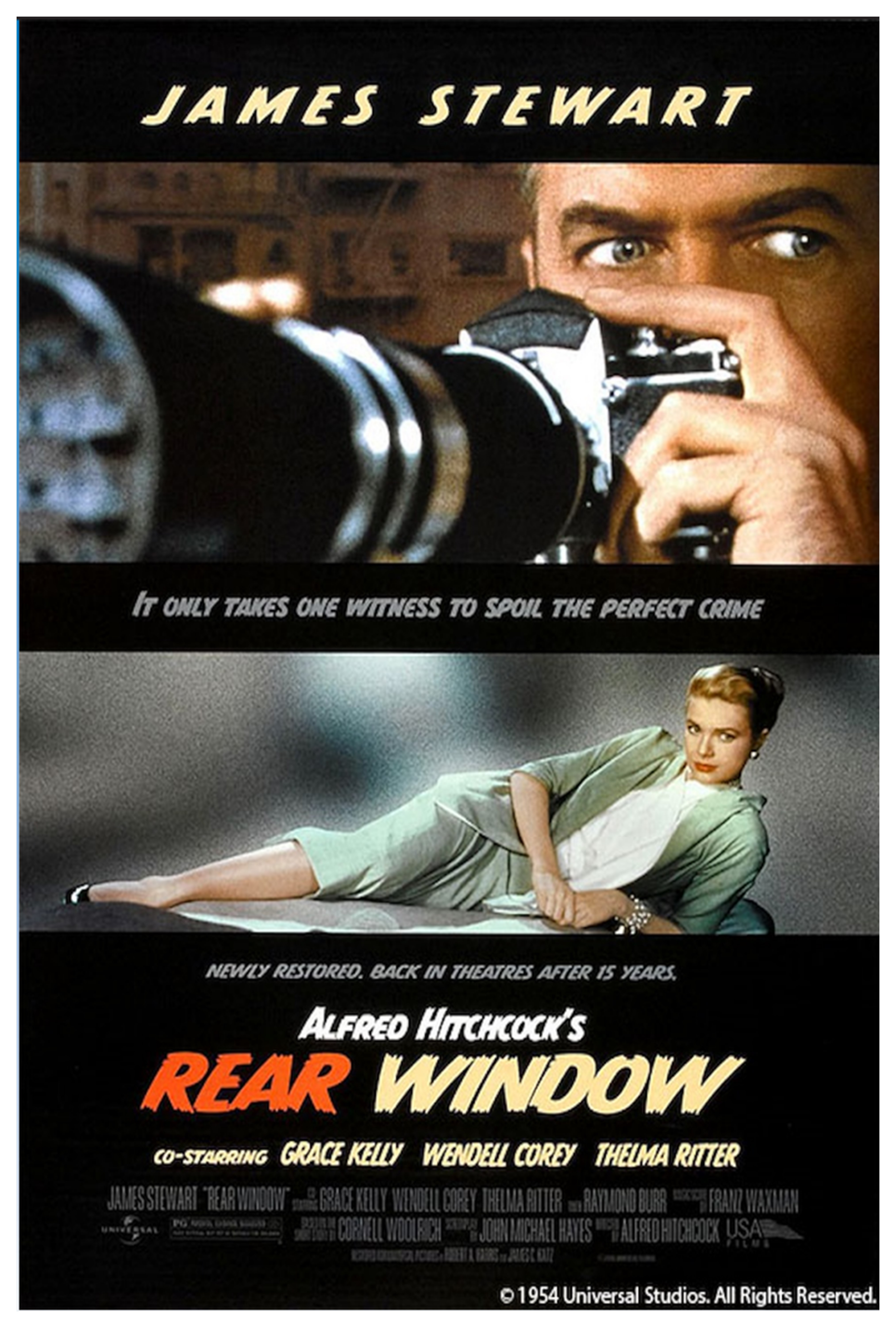 Film poster for Rear Window featuring a man peering over the top of a camera and a grainy image of a woman sprawled across a desk with red and white letters on a black background.