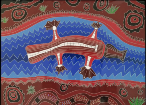 Drawing of a platypus floating in a river in a traditional indigenous Australian art style by artist Derek Piehl.