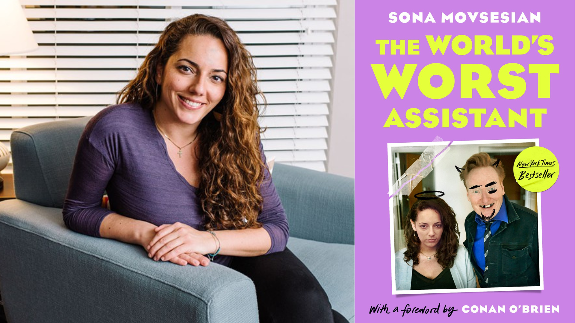 photo of Sona Movsesian next to a cover of her book, purple with green text reading "the world's worst assistant"