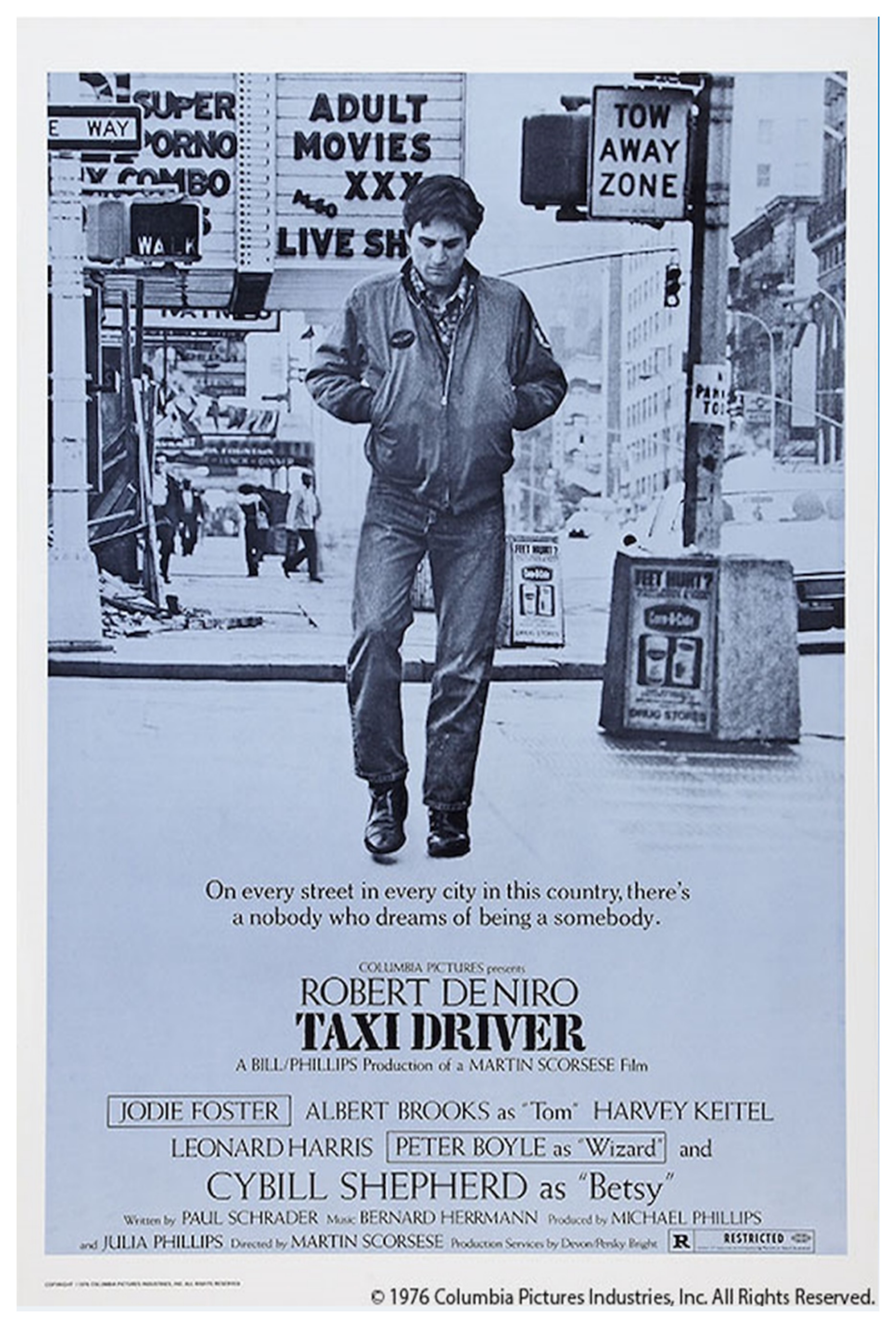 Film poster for Taxi Driver with black text on a blue-gray background featuring a man walking on a city street with his head down and hands in his pockets.