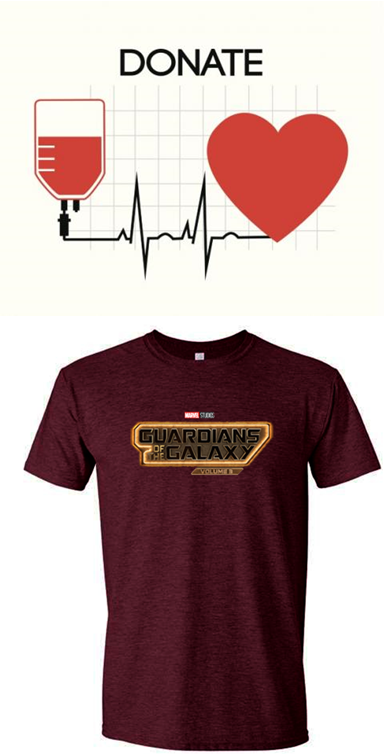 Blood leading to a heard with the the word "Donate," and a brown Guardians of the Galaxy shirt