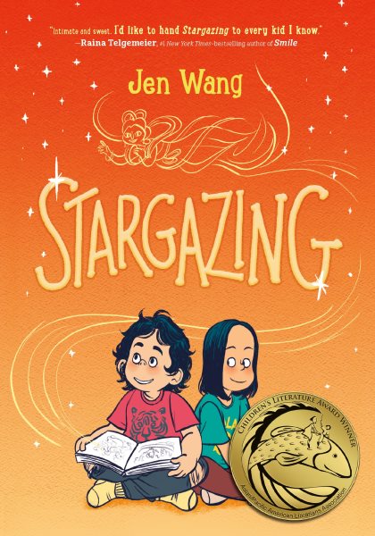 Book cover of Stargazing showing a boy and girl sitting next to each other