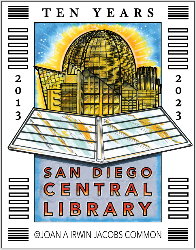 Graphic of the Central Library building with a book opening in front 