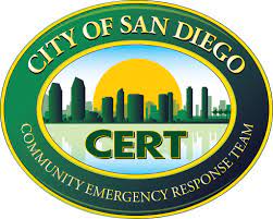 CERT logo with text City of San Diego Community Emergency Response Team and image of city skyline