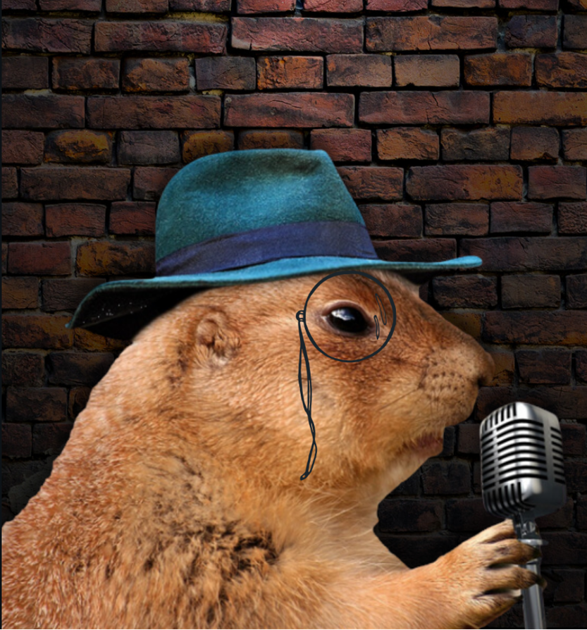 A groundhog or prairie dog holds a microphone while wearing a blue fedora and a monocle. It stands in front of a brick wall.