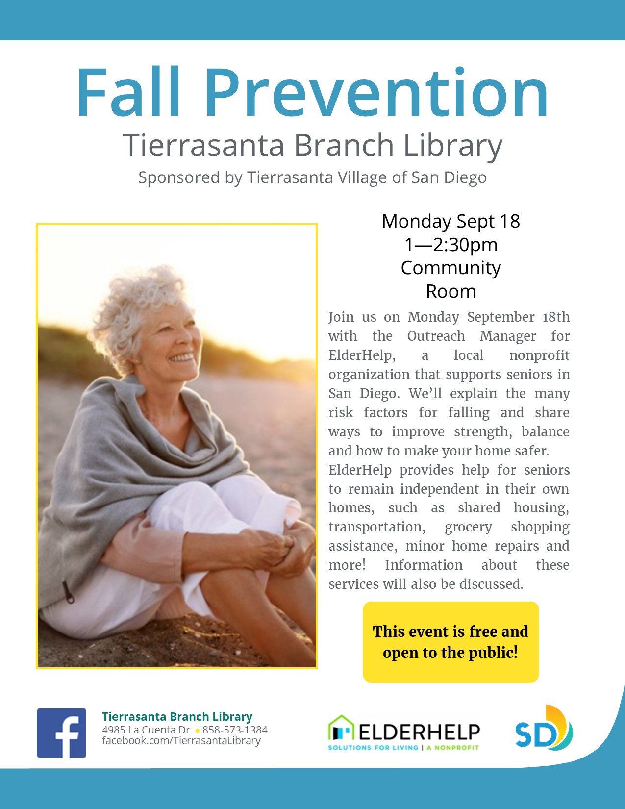 Flyer with the image of an older woman sitting in the sand on a beach smiling